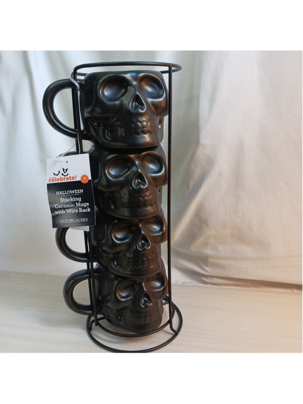Black Skull Ceramic Mugs Stackable Halloween Gothic 3D Set 4 with Wire Holder